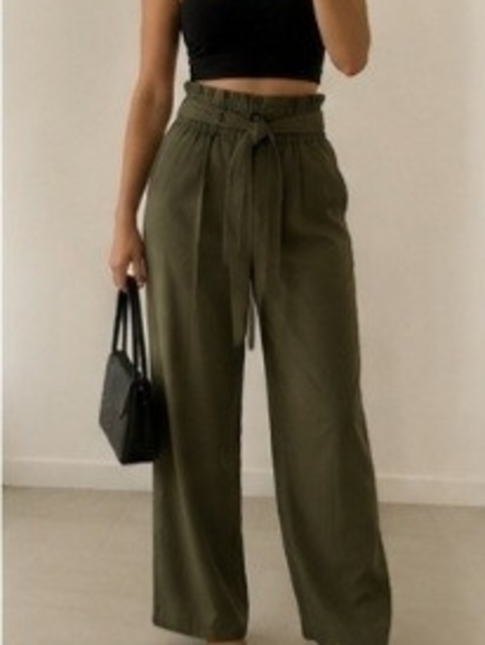 Zara Olive Paperbag-Waist Wide-Leg Pants